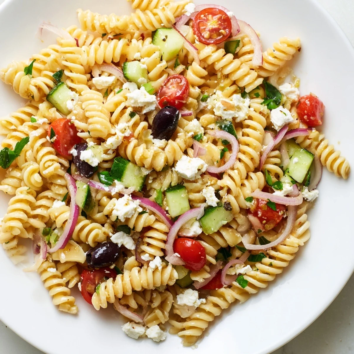 A bowl of Mediterranean Pasta Salad with Olives tossed with diced cucumbers, red bell pepper, and fresh herbs in a glistening lemon vinaigrette.