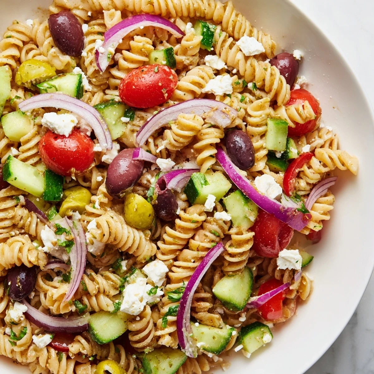 Ready-to-serve Mediterranean Pasta Salad with Olives on a picnic blanket, topped with green and black olives, feta crumbles, and a sprinkle of parsley.