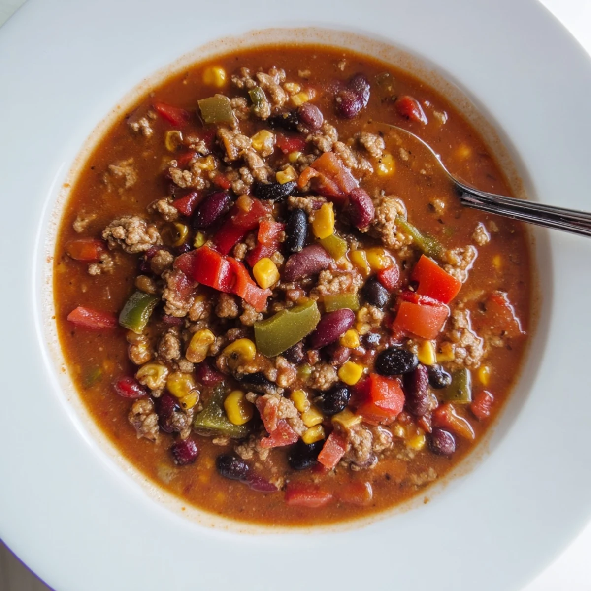 A close-up of Slow Cooker Chili with Ground Beef topped with melted cheese and fresh cilantro, steaming in a rustic bowl.