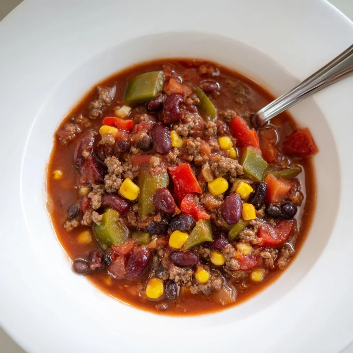 Hearty Slow Cooker Chili with Ground Beef served in a deep dish beside cornbread and sour cream for a cozy family dinner.