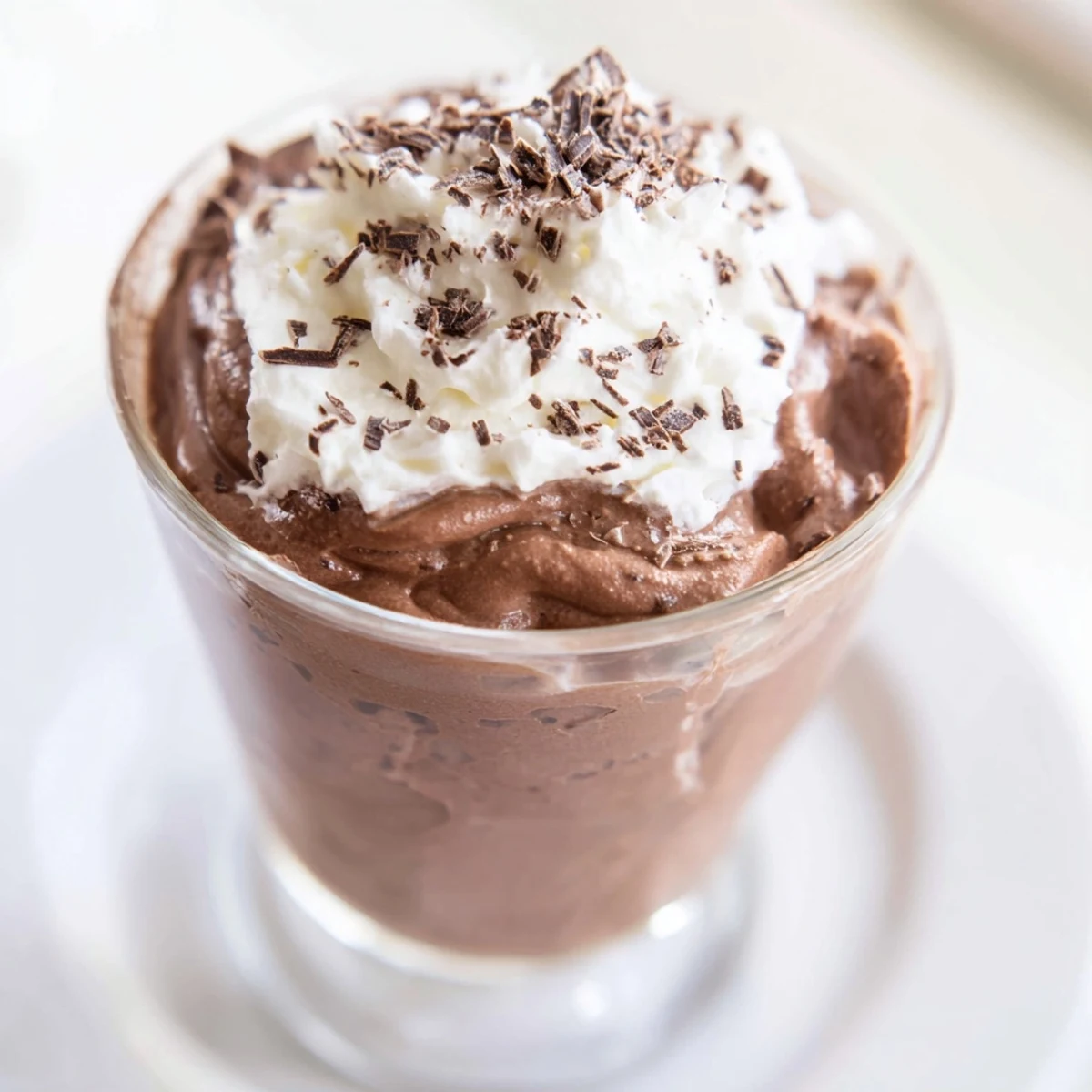 Elegant Chocolate Mousse with Whipped Cream in a stemless glass, finished with cocoa dust and a soft cream swirl.