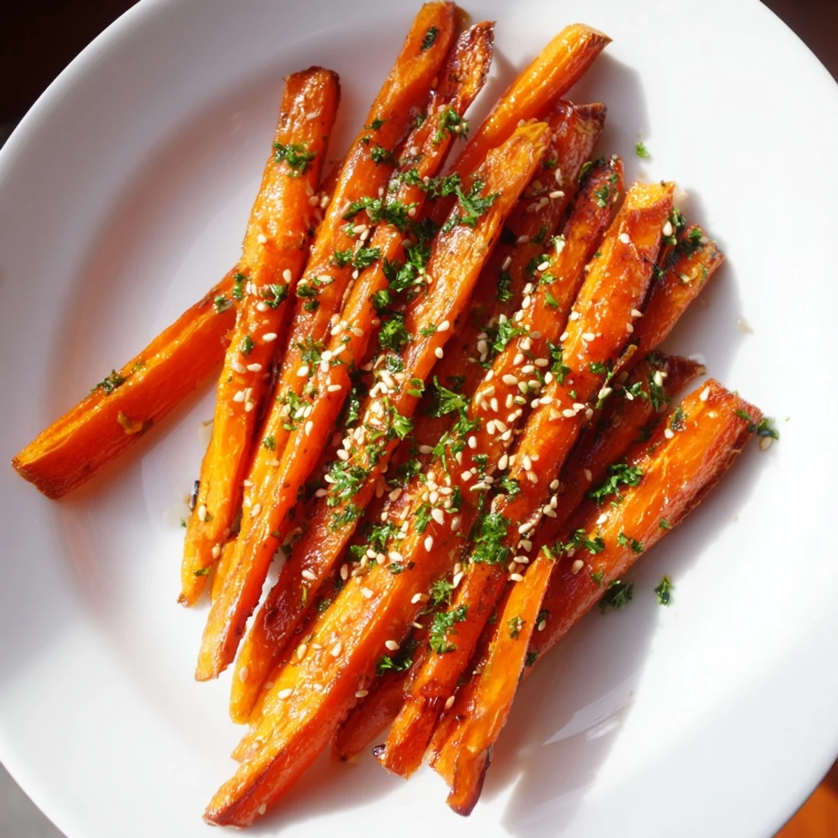 Tender roasted carrots with honey glaze, served warm alongside grilled chicken on a rustic wooden table for an elegant dinner.