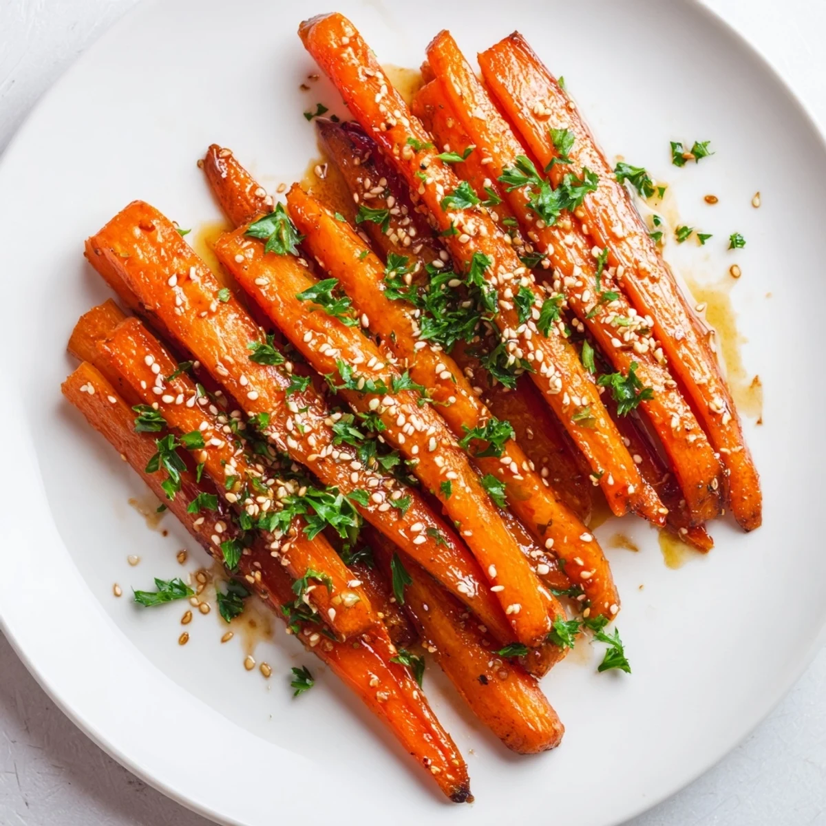 Golden honey-glazed roasted carrots glistening on a white platter, garnished with fresh parsley and sesame seeds for a vibrant side dish.