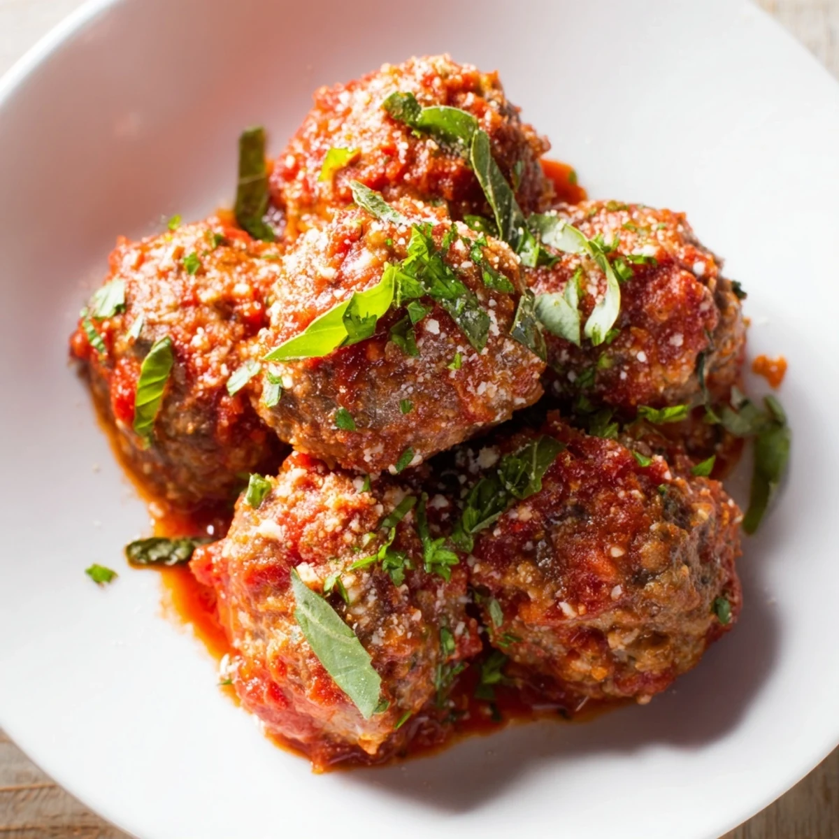 Golden-brown Beef Meatballs in Marinara Sauce simmer in a chunky red sauce, releasing a garlicky aroma, ready to be served over spaghetti.