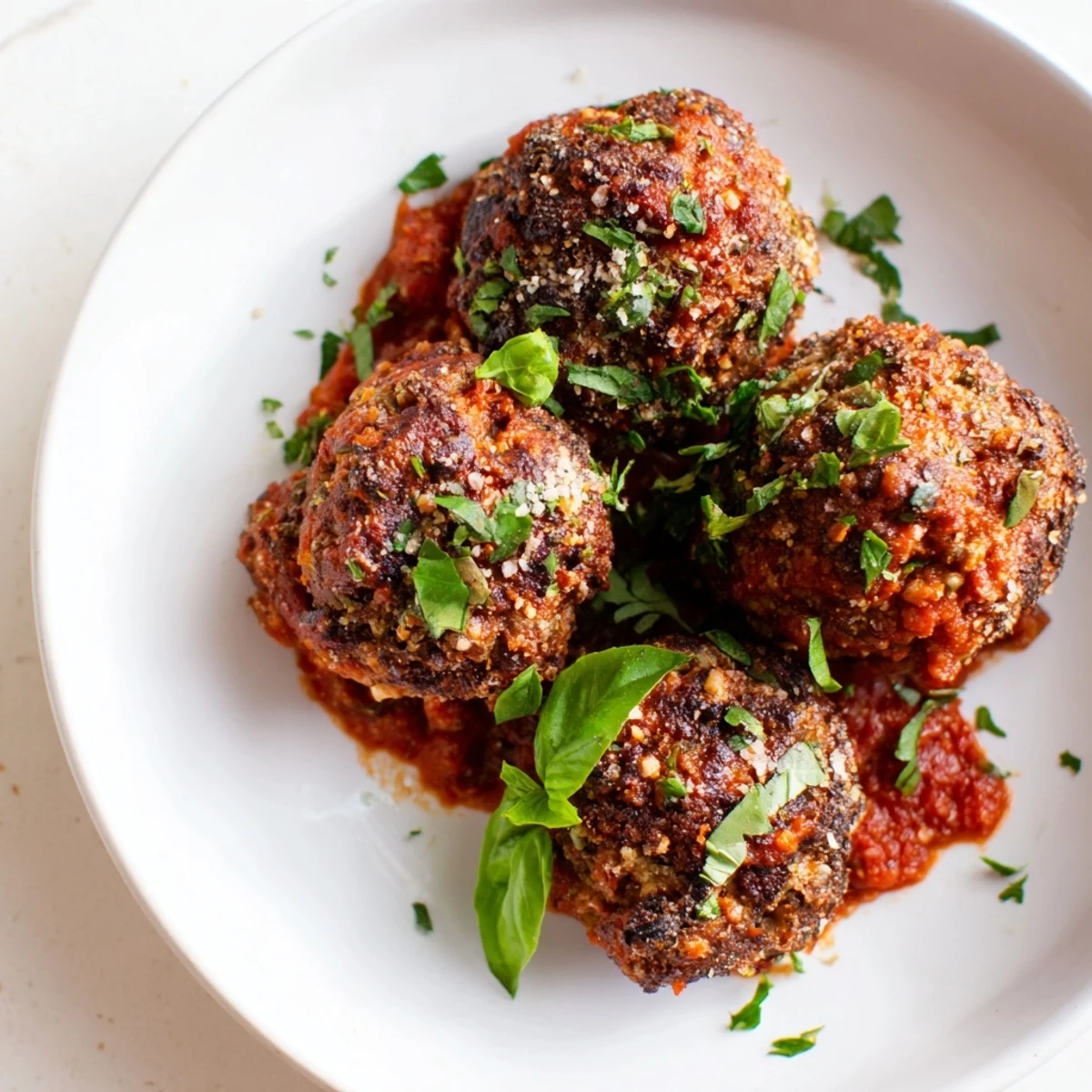 Close-up of Beef Meatballs in Marinara Sauce nestled in a rich, chunky sauce, garnished with fresh basil, ideal for a hearty Italian dinner.