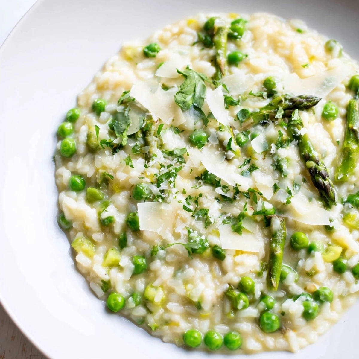 A close-up of the bright Spring Pea and Asparagus Risotto, featuring textured Arborio rice and a sprinkle of Parmesan cheese.