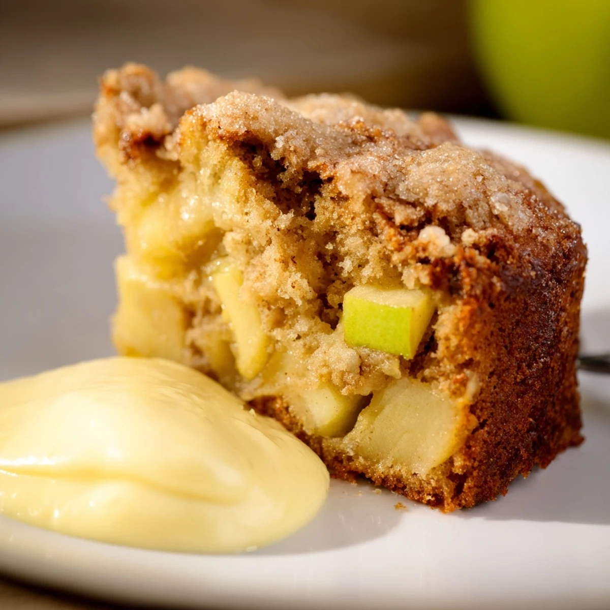 Close-up of a golden Irish Apple Cake with Custard on a rustic plate, warm vanilla custard drizzled over tender spiced apples.