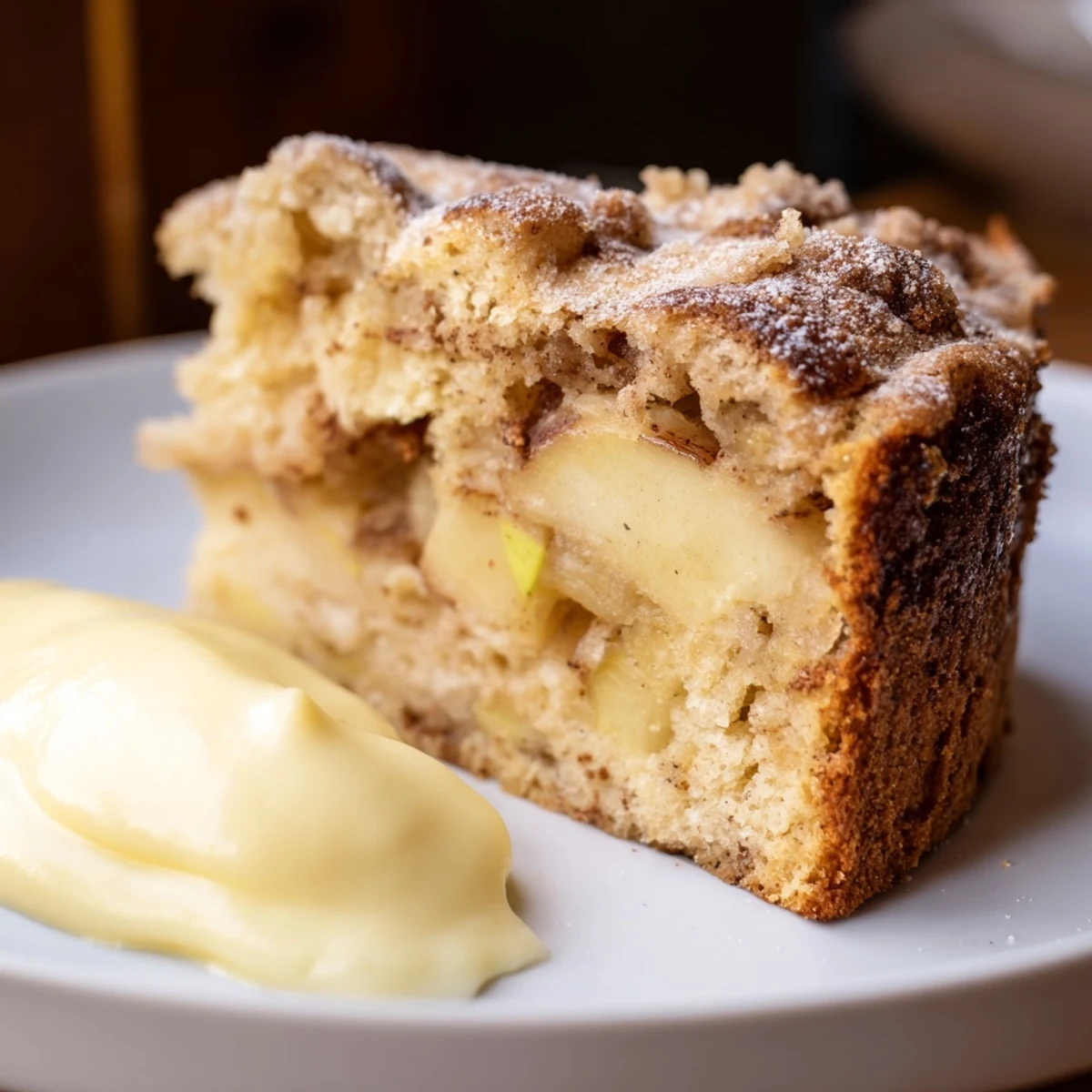 A slice of Irish Apple Cake with Custard rests on a white plate, showing moist cake layers and creamy custard sauce.