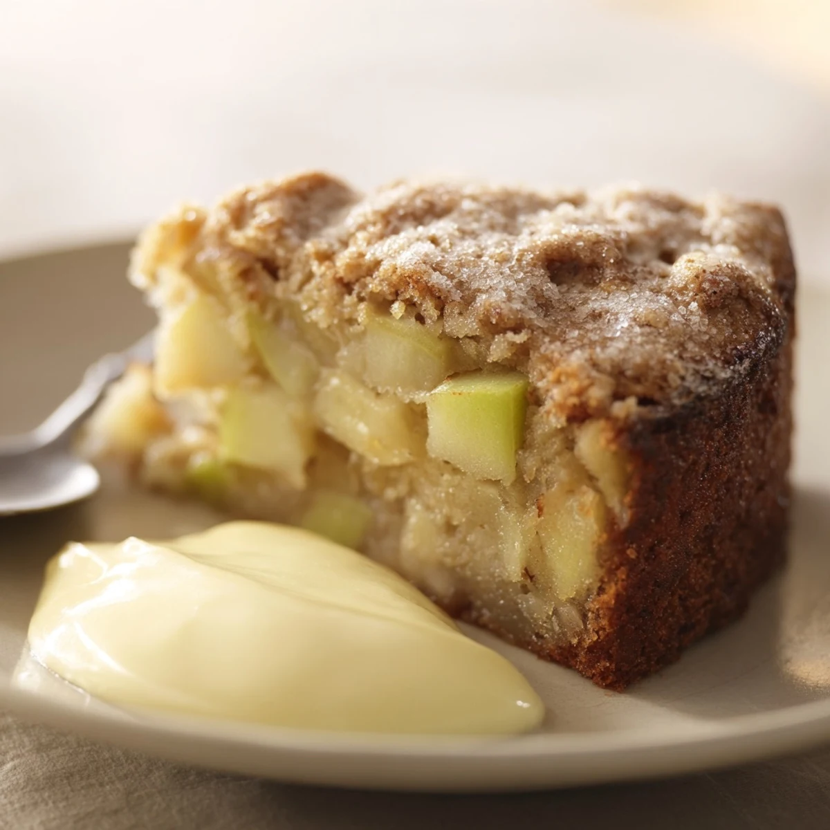 Freshly baked Irish Apple Cake with Custard displayed beside a steaming mug of tea, perfect for a cozy American dessert.