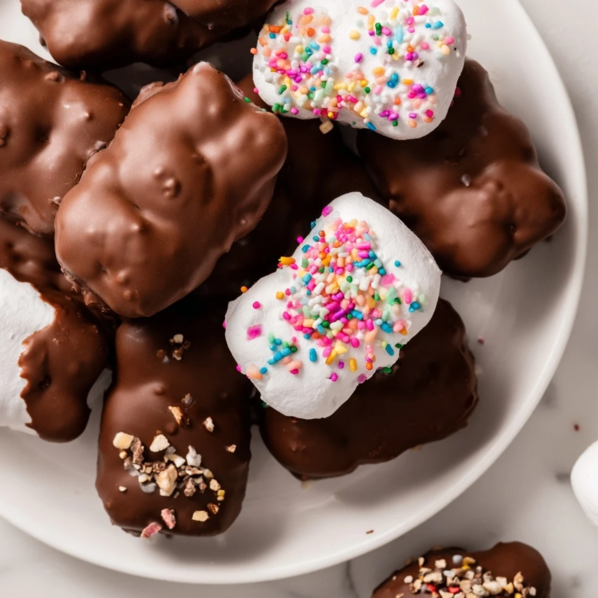 Fluffy Chocolate Covered Marshmallow Peeps sit on a chilled tray, their glossy coating catching light with a crisp snap ready to enjoy.