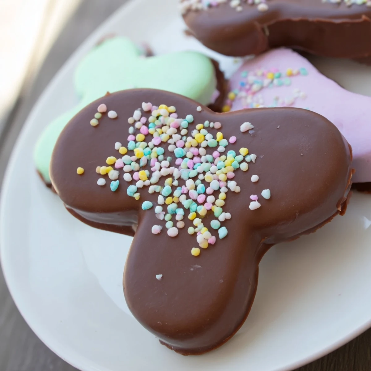 Twelve colorful chocolate covered marshmallow peeps with a glossy finish, sprinkles on top, ready for Easter celebration on a white plate.