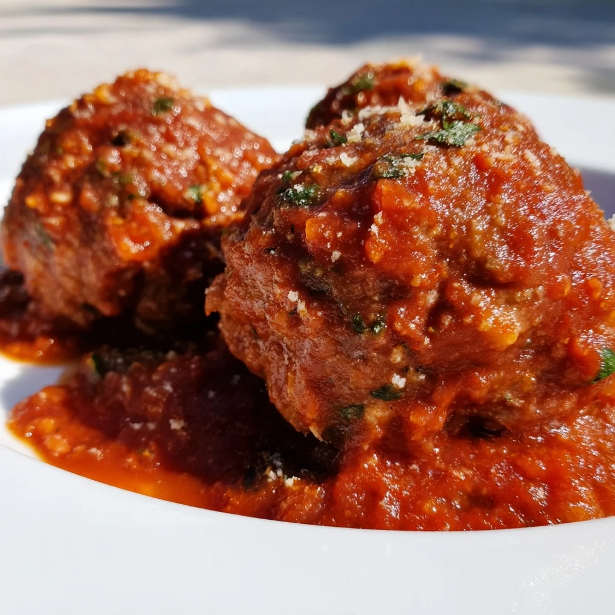 Tender beef meatballs in homemade marinara sauce, served over spaghetti and garnished with fresh basil leaves.