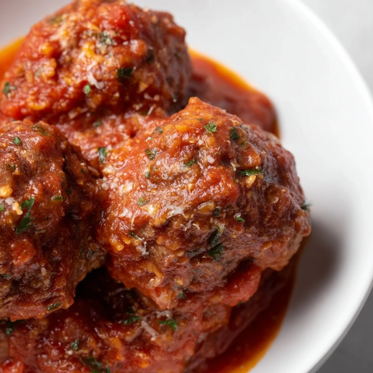 Savory beef meatballs simmered in rich marinara, with crusty bread for dipping and a sprinkle of Parmesan.