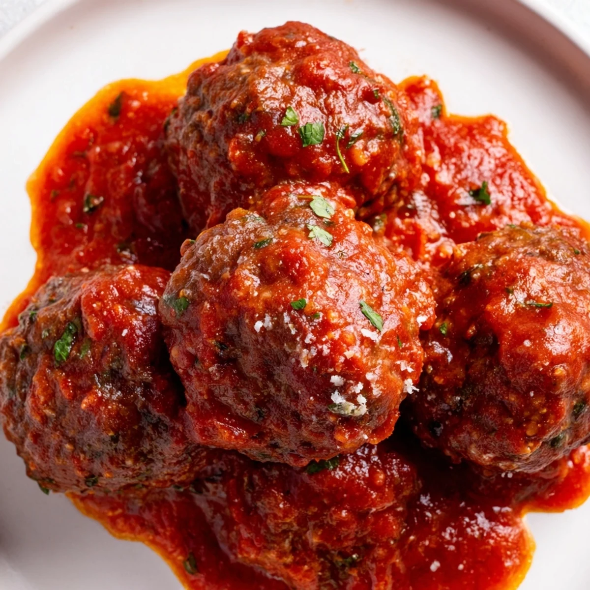 Hearty beef meatballs in aromatic homemade marinara, plated over pasta for an Italian-American family dinner.
