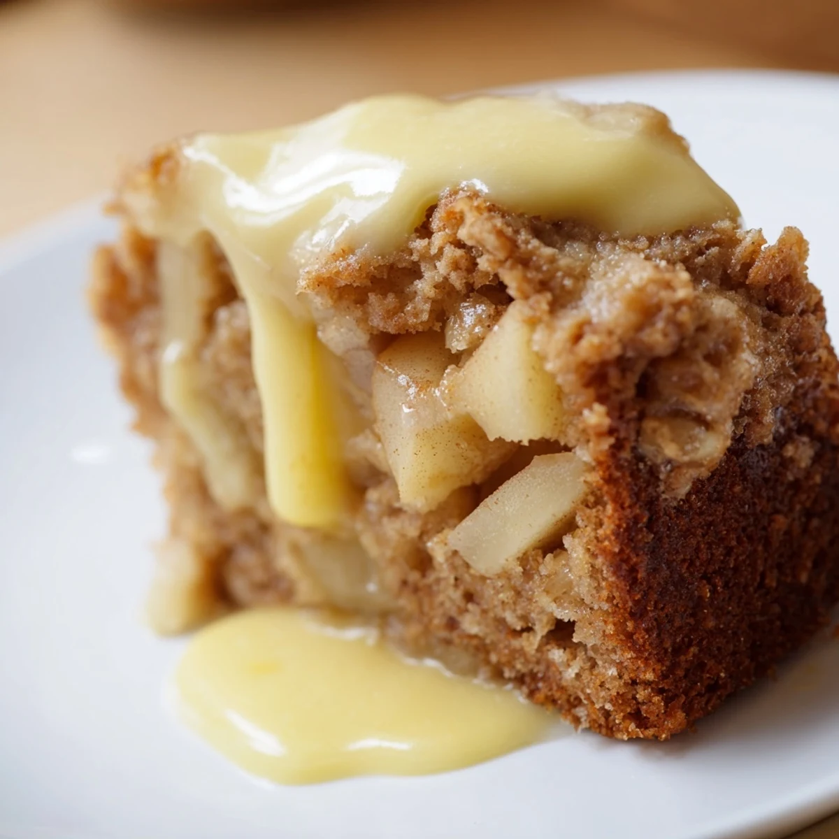 A slice of Irish Apple Cake drizzled with creamy custard, served on a rustic wooden table.