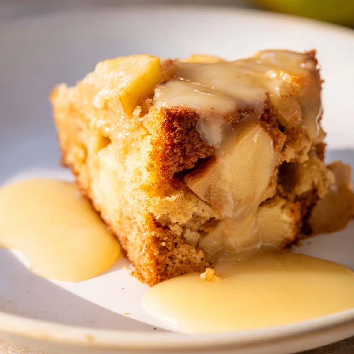 Close-up of Irish Apple Cake with tender apple pieces, paired with a small bowl of warm custard.