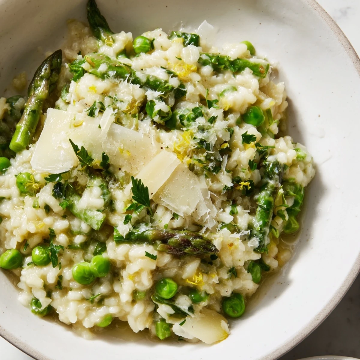 A close-up of Spring Pea and Asparagus Risotto showing a velvety texture, topped with grated Parmesan and herbs.