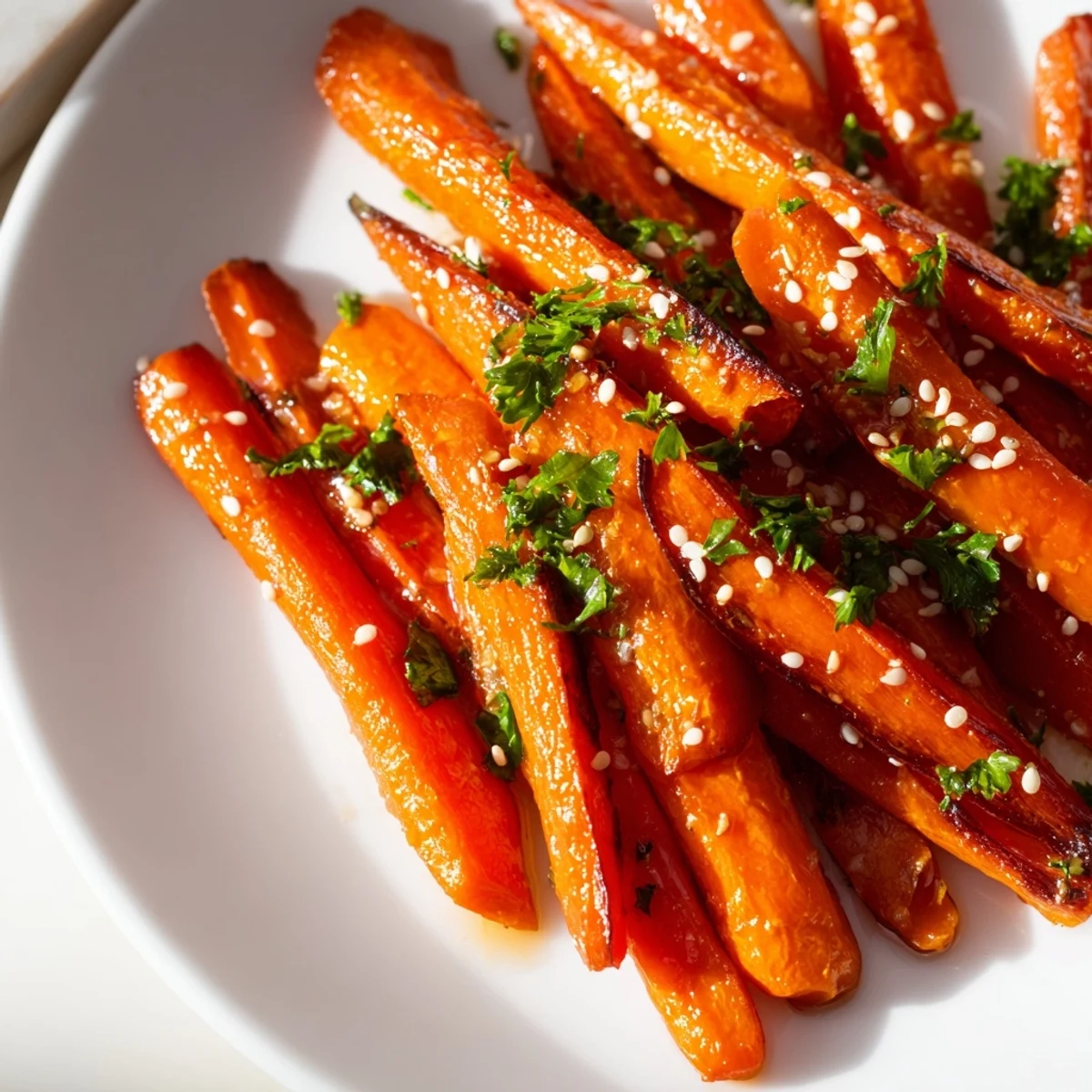 A vibrant serving of Roasted Carrots with Honey Glaze on a white plate with fresh parsley garnish.