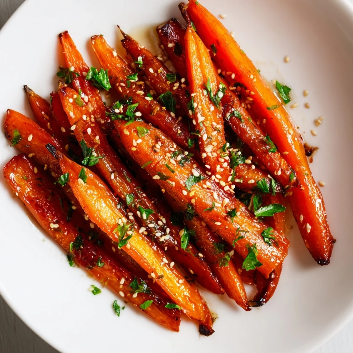 Close-up of glazed Roasted Carrots with Honey Glaze showing caramelized edges and sesame seed topping.