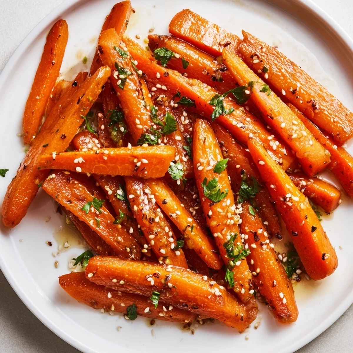 Golden Roasted Carrots with Honey Glaze arranged on a baking sheet ready to be served warm.