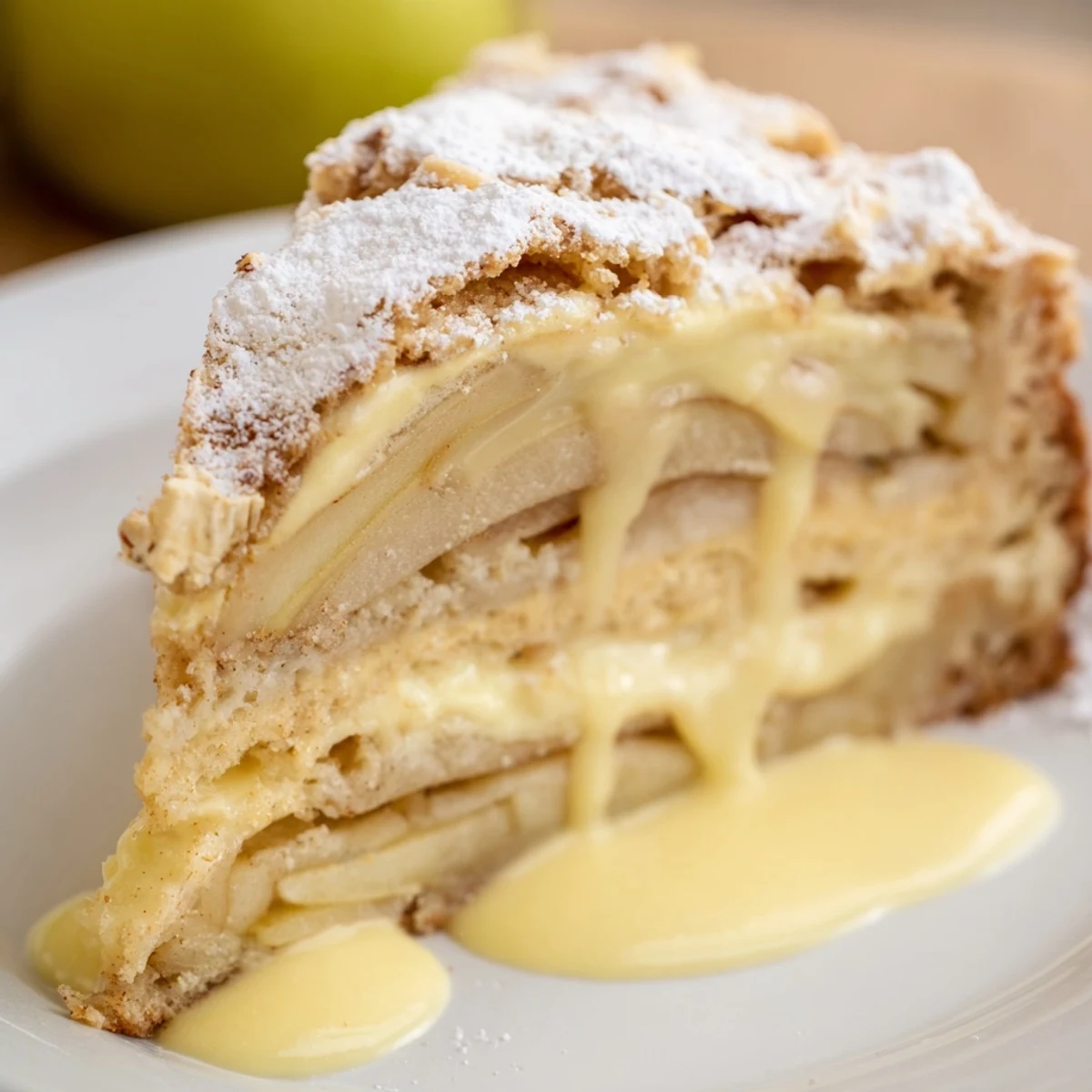 Golden Irish Apple Cake, topped with tender apple wedges and dusted with powdered sugar, served alongside a bowl of velvety warm custard for dipping.