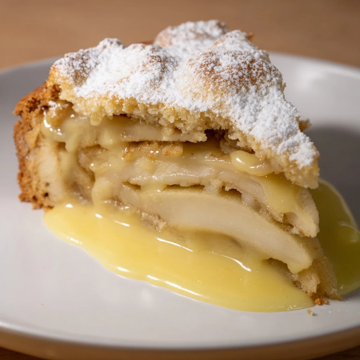 Freshly baked Irish Apple Cake with warm spiced apple slices on a rustic wooden board, drizzled with creamy homemade custard for an authentic dessert experience.