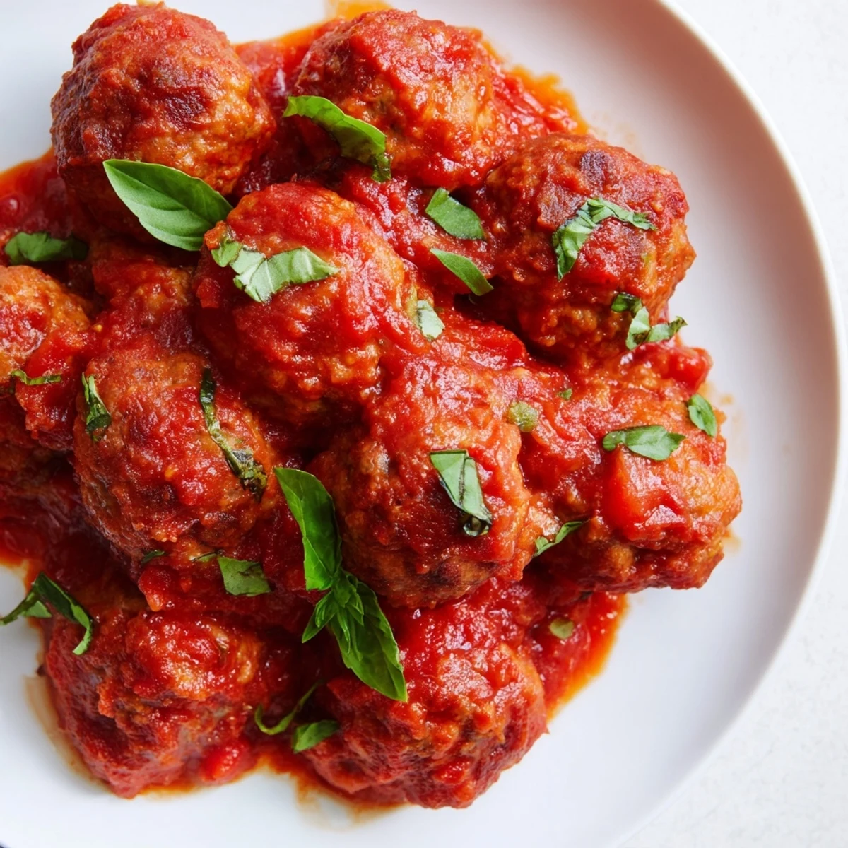 Homemade marinara with tender beef meatballs ready for a comforting dinner with crusty bread on the side.  