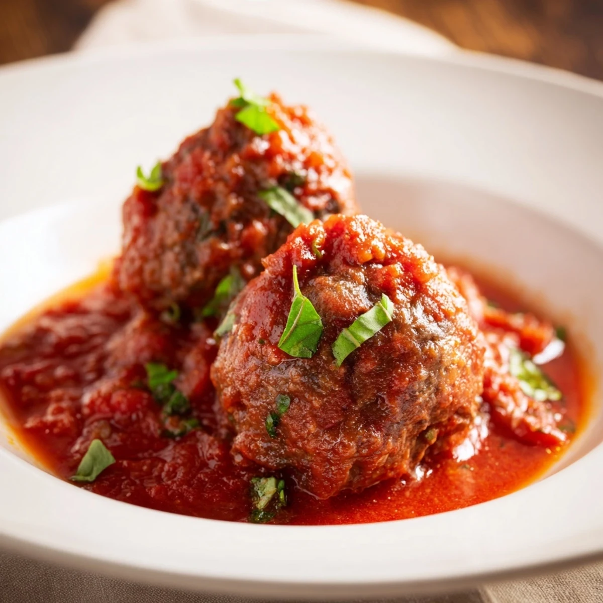 Beef Meatballs in Homemade Marinara simmering in a skillet, garnished with fresh basil and grated Parmesan.