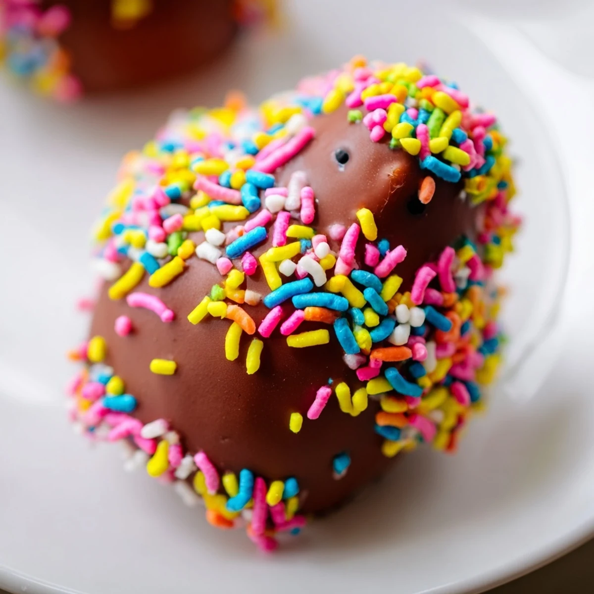 Fluffy marshmallow Peeps recipe with rich chocolate coating and colorful sprinkles on a festive platter.