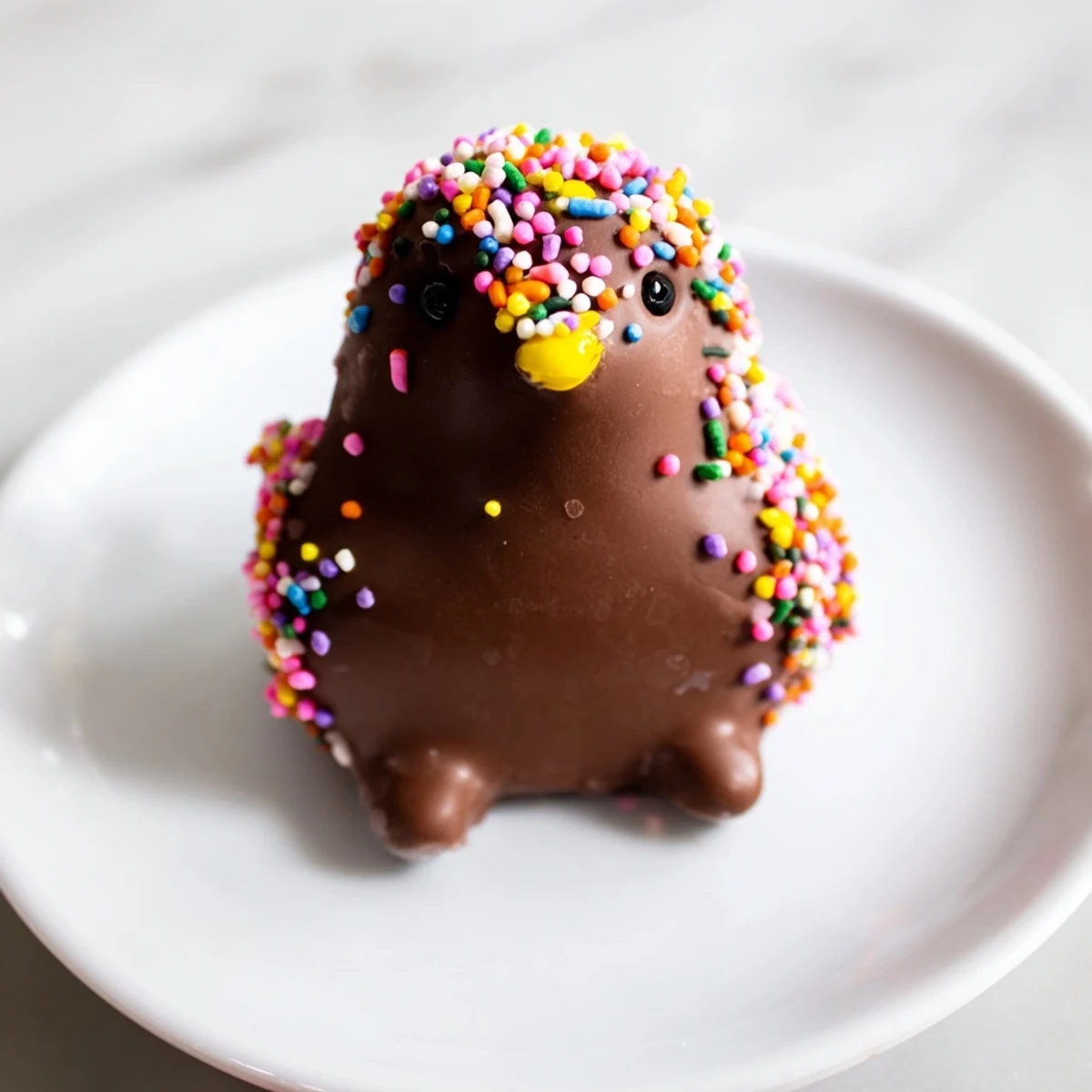 Close-up of chocolate covered marshmallow Peeps recipe, glossy finish with crushed nuts for a crunchy bite.