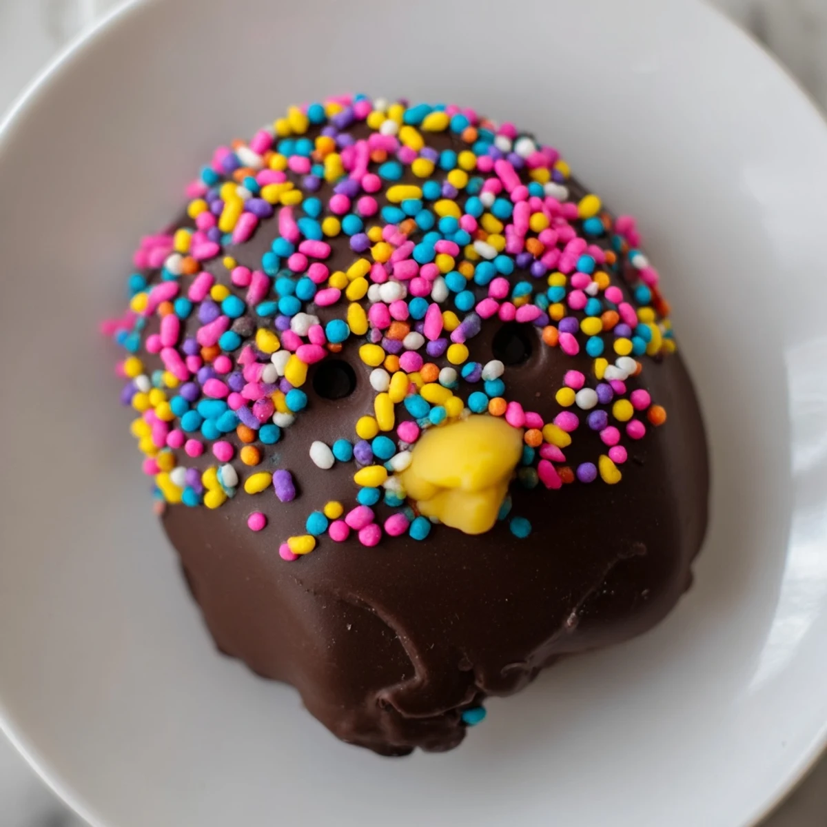 Set chocolate covered marshmallow Peeps recipe on a white plate, perfect for holiday party dessert table.