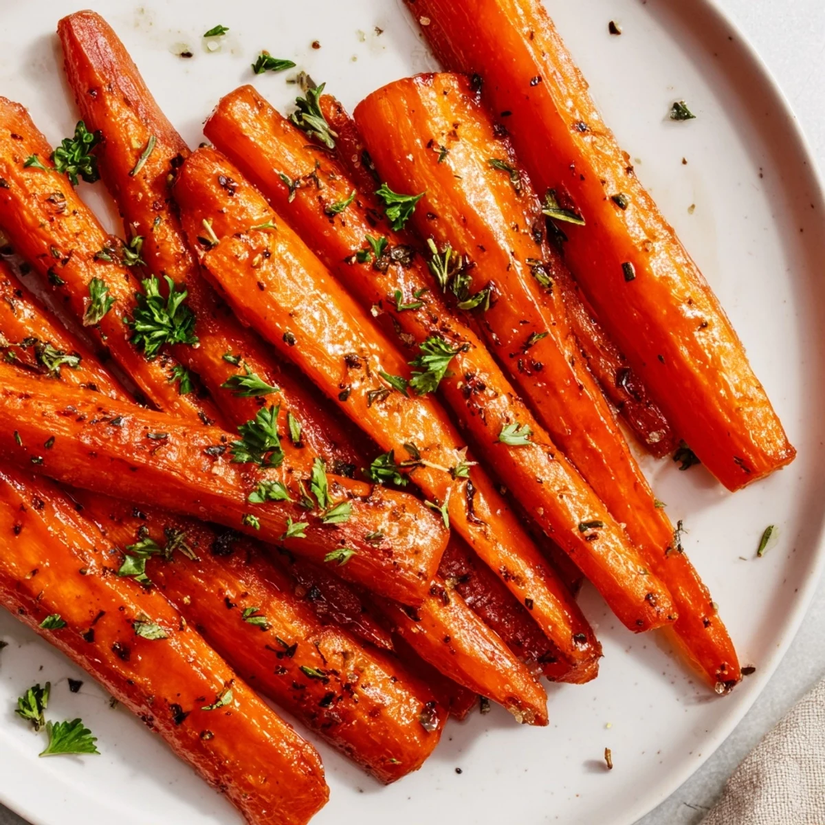 Glossy honey-glazed carrots roasted to tender perfection, topped with fresh parsley for a bright finish.
