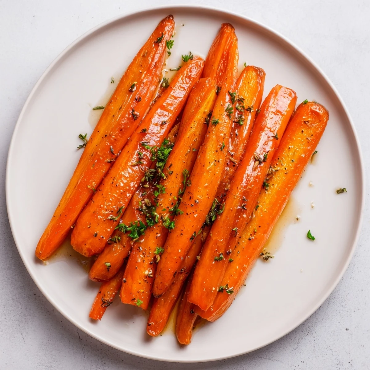 Caramelized edges on these roasted carrots with honey glaze sparkle with olive oil and thyme.