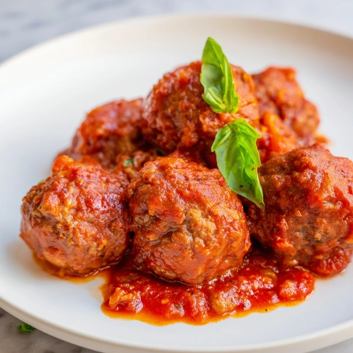 Tender beef meatballs simmer in rich marinara sauce, plated over spaghetti for a classic Italian-American dinner.
