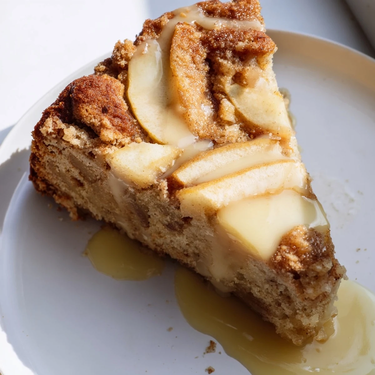 Serving suggestion for Irish Apple Cake with Custard, a warm slice paired with a steaming cup of tea for an authentic treat.