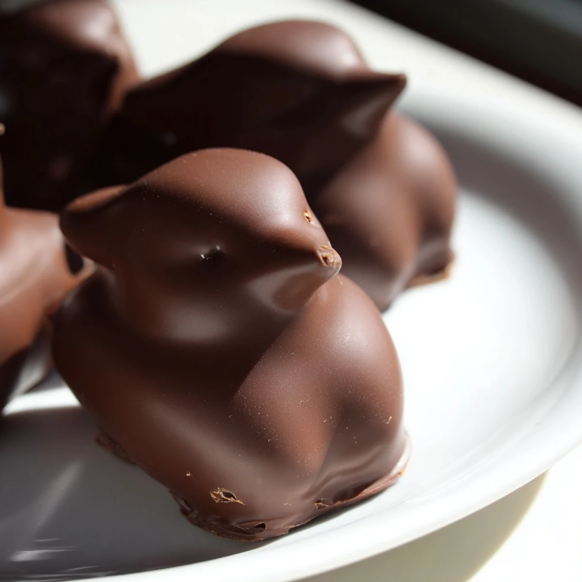 A close-up of chocolate covered marshmallow Peeps on a parchment-lined tray, ready to be served.