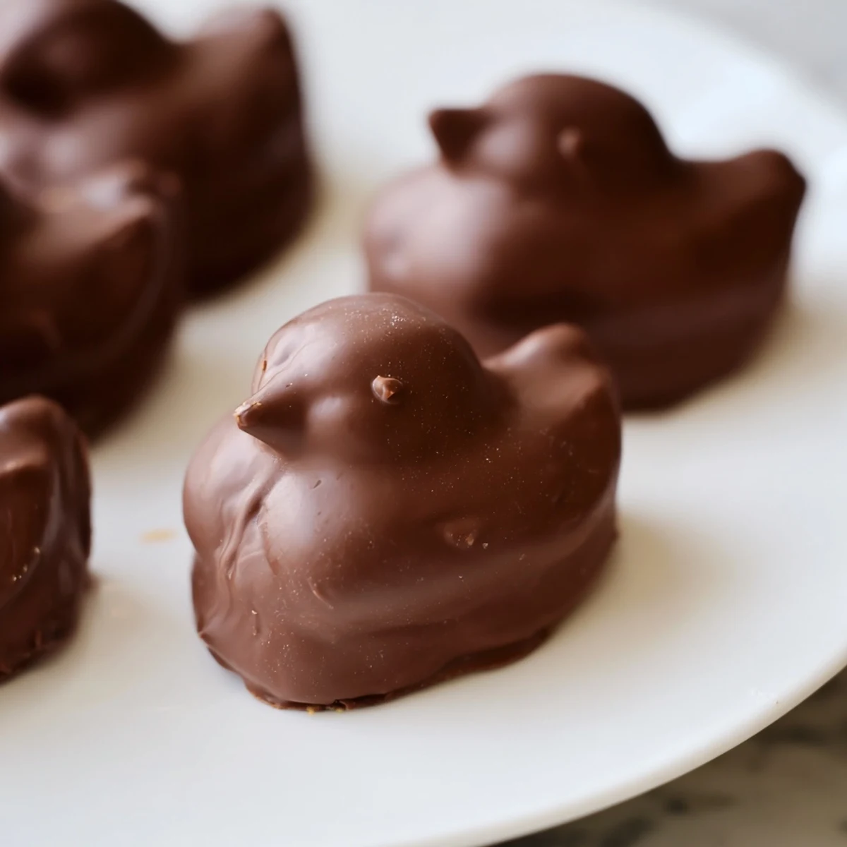 Easter-themed chocolate covered marshmallow Peeps arranged beautifully, showing their shiny chocolate coating and soft marshmallow interior.
