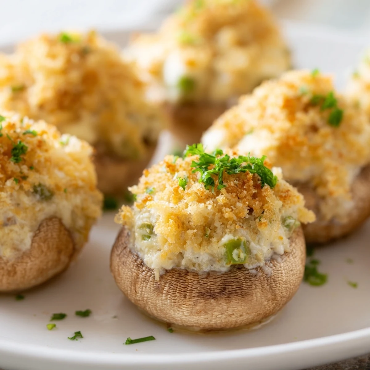 Savory Mozzarella Popper Stuffed Mushrooms served warm with a golden breadcrumb crust and fresh parsley garnish.