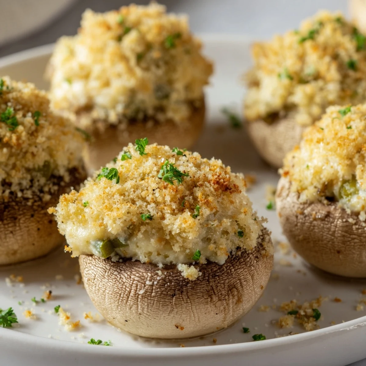 Golden-brown Mozzarella Popper Stuffed Mushrooms bubbling with cheesy filling and spices on a rustic wooden platter.