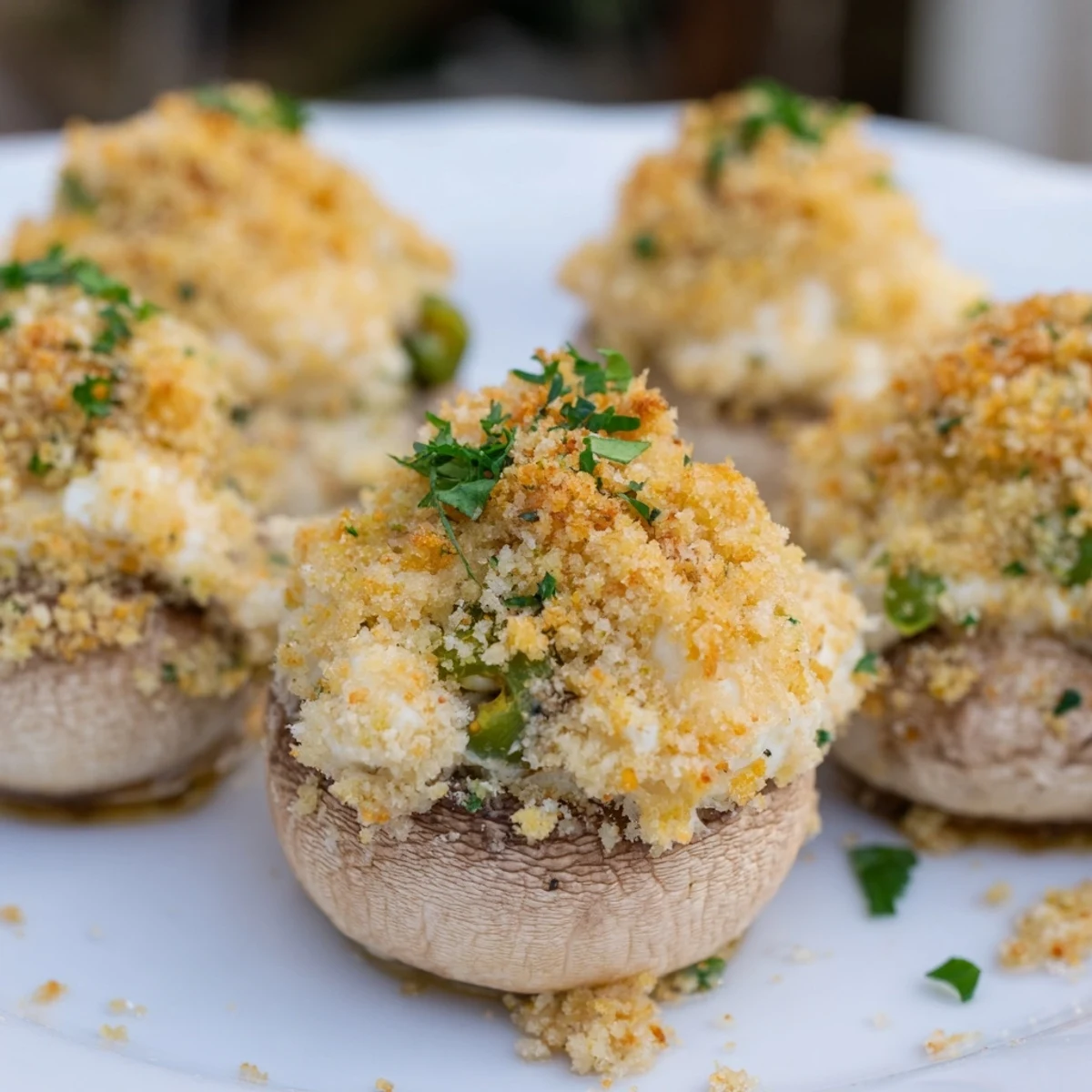 Appetizer platter of Mozzarella Popper Stuffed Mushrooms featuring creamy mozzarella, sharp cheddar, and jalapeño spice.