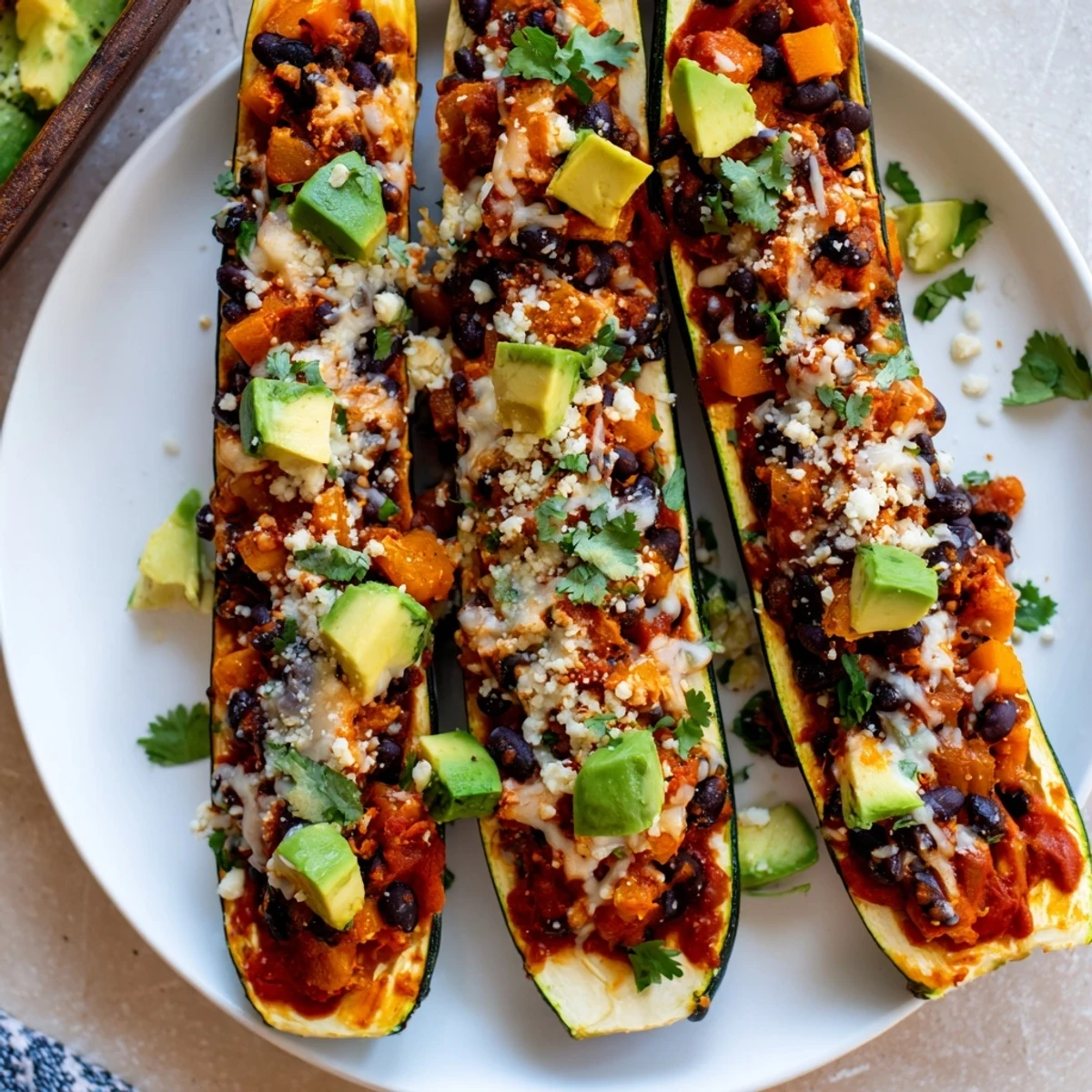 Golden roasted zucchini boats filled with black beans and butternut squash, topped with melted cheese and fresh cilantro.
