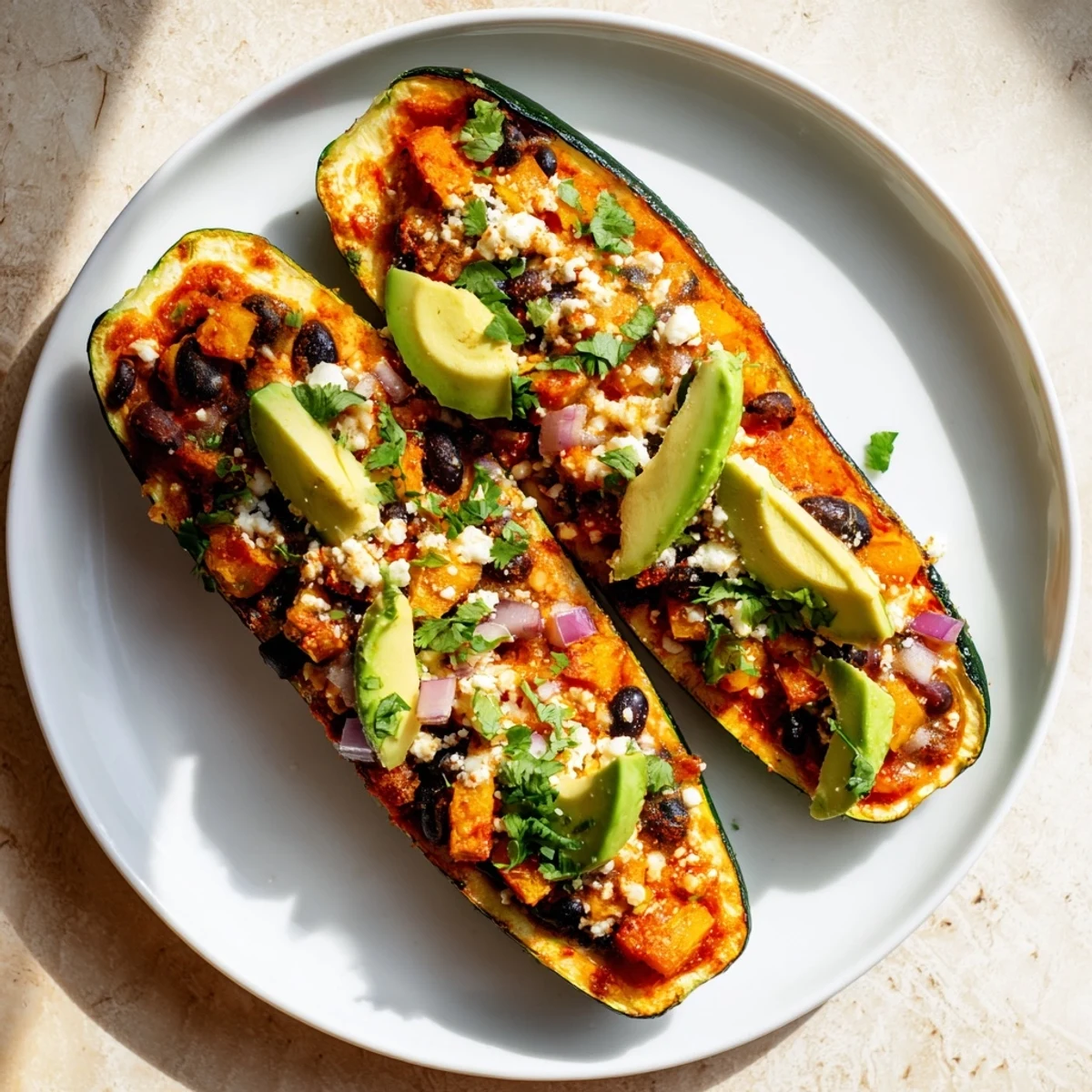 Stuffed zucchini boats with savory black bean and butternut squash filling, drizzled with red enchilada sauce and fresh herbs.