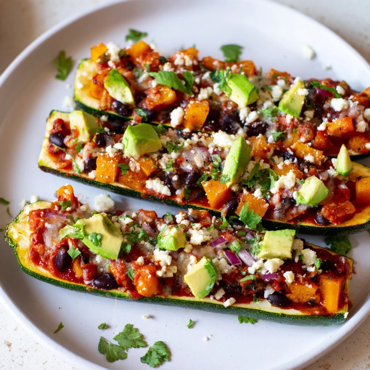 Black Bean and Butternut Squash Enchilada Boats served with lime wedges and avocado slices on a rustic plate.