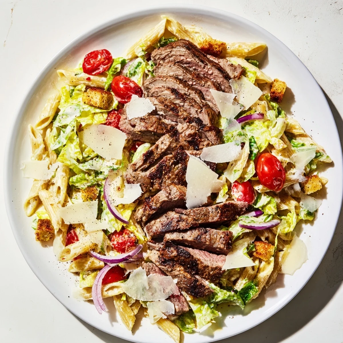 Grilled steak slices rest atop a vibrant bowl of Flavorful Steak Caesar Pasta Salad with crisp romaine and cherry tomatoes.
