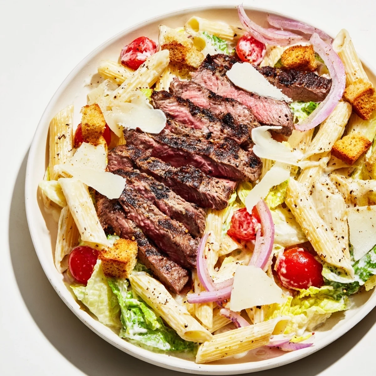 A close-up reveals creamy Caesar dressing coating al dente pasta and tender steak in this hearty Flavorful Steak Caesar Pasta Salad.