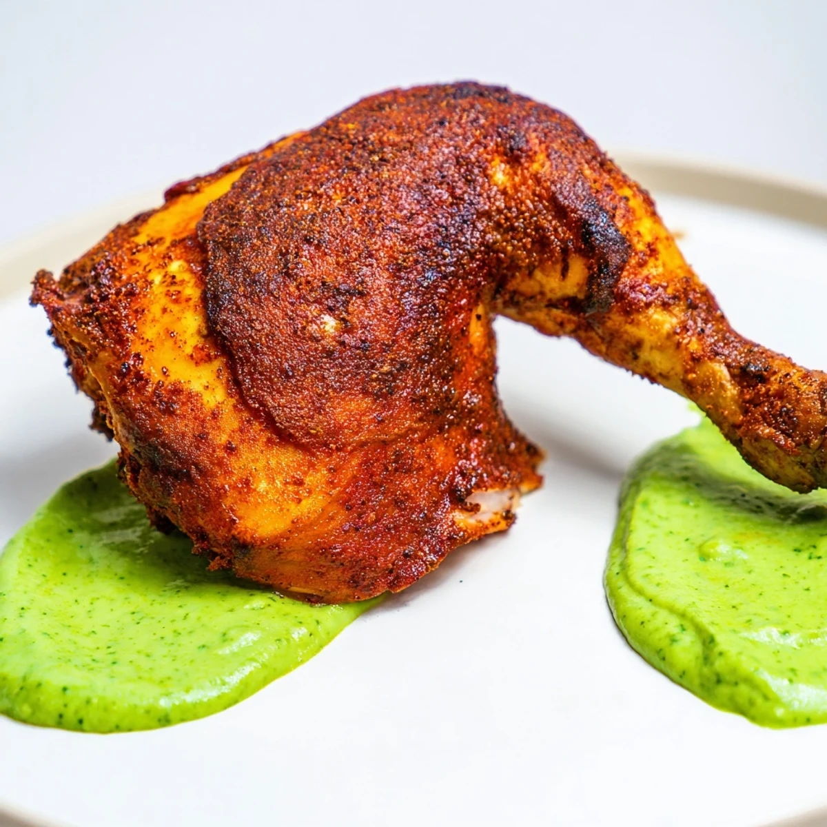 A juicy whole Peruvian Roast Chicken with Creamy Green Sauce rests before carving, its golden, spiced skin glistening under warm kitchen light. 