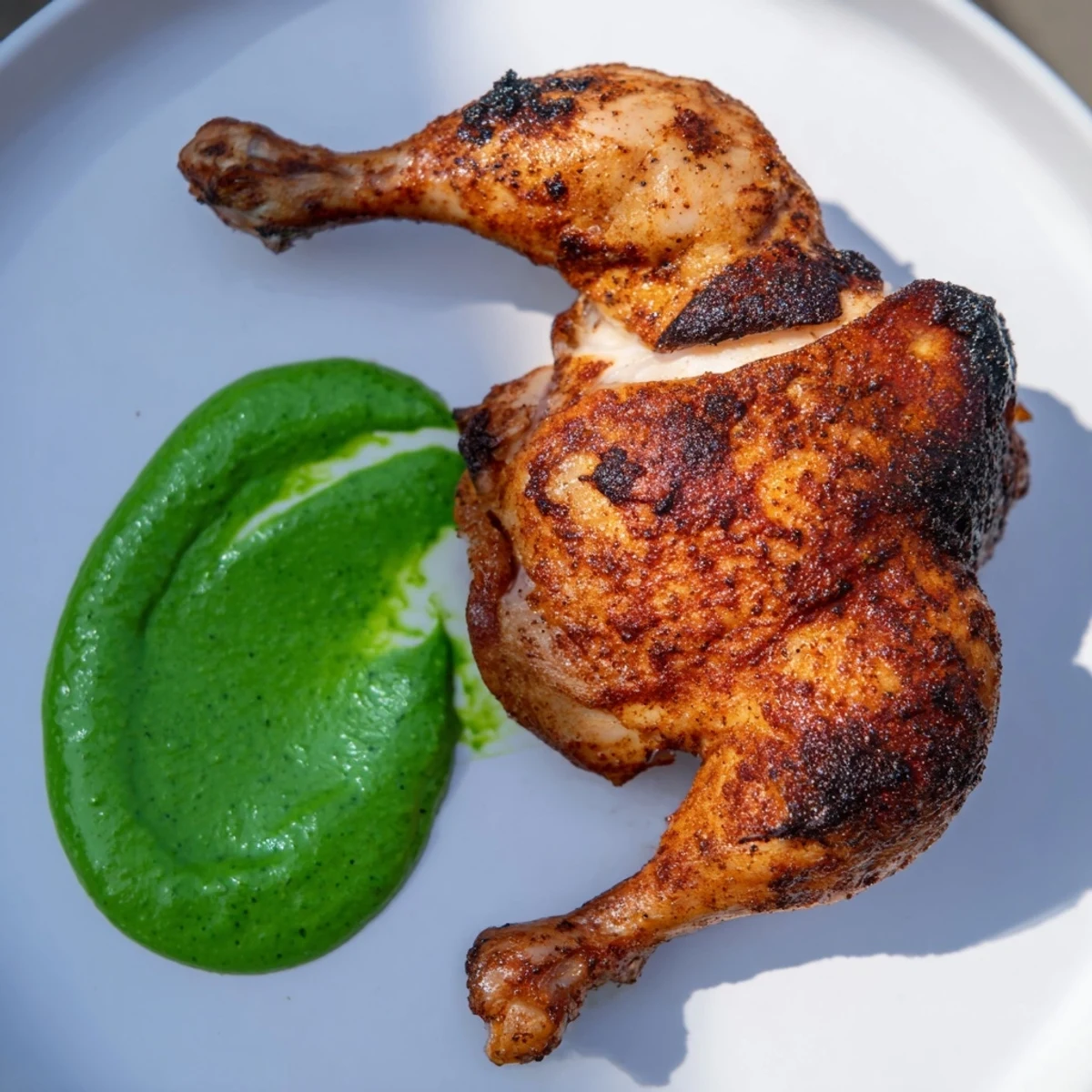 Sliced pieces of Peruvian Roast Chicken with Creamy Green Sauce are arranged on a rustic platter, surrounded by lime wedges and fresh cilantro garnish. 