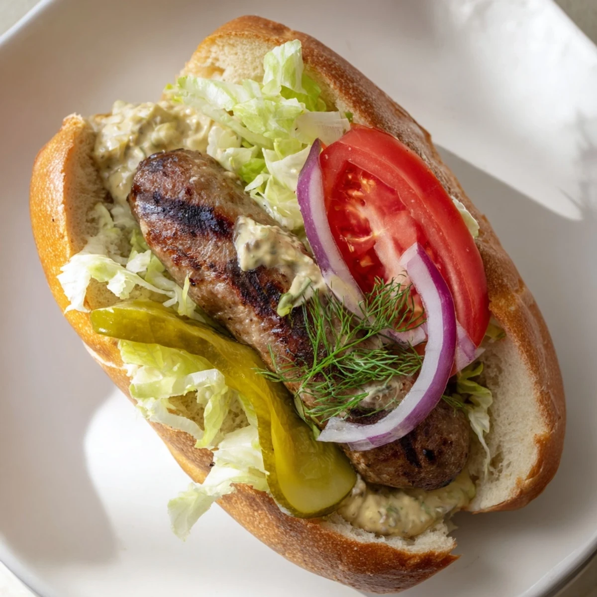 Grilled Cajun Beef Sausage Po Boy Sandwiches on a crusty baguette with creamy remoulade.