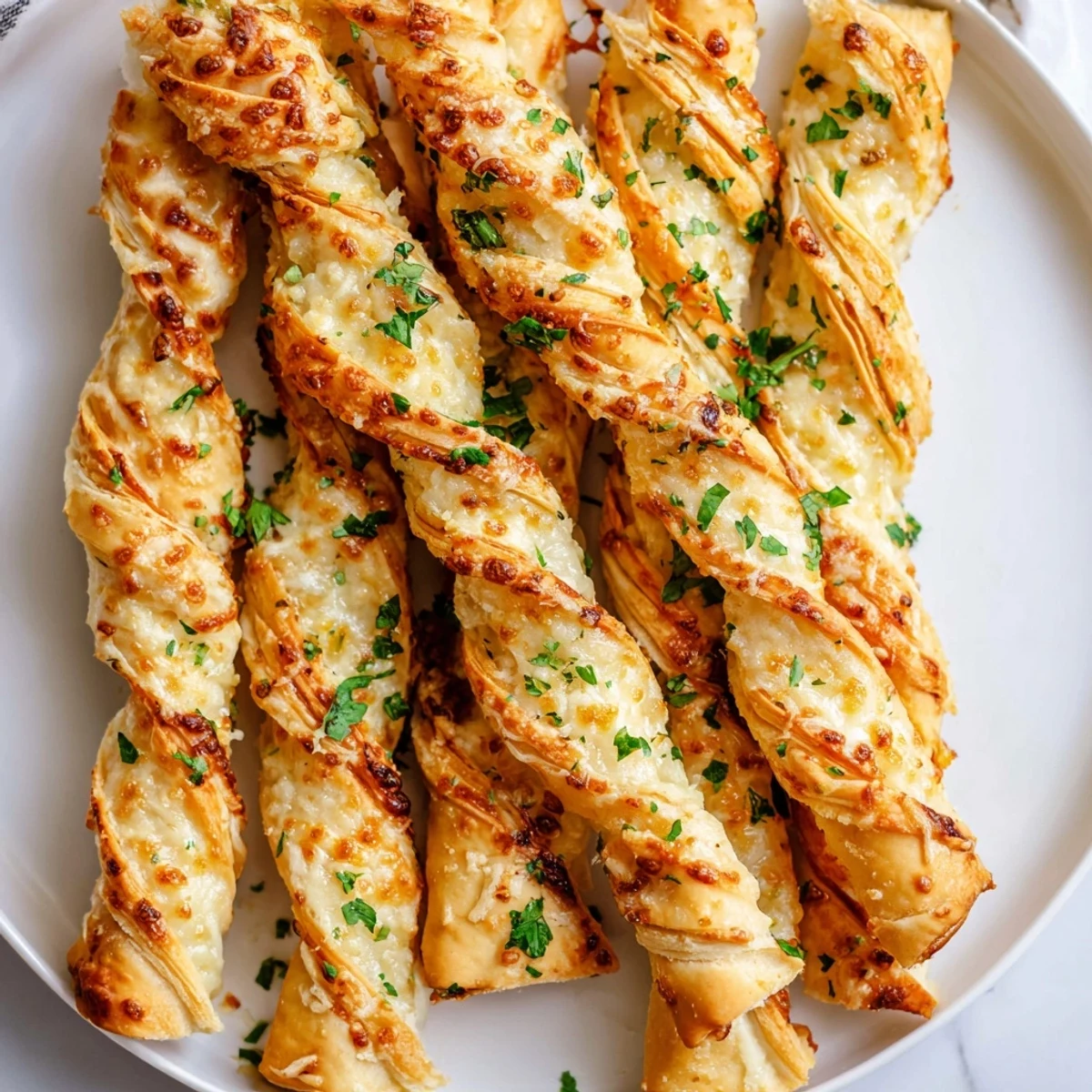 Close-up of Crispy Air Fryer Pizza Cheese Bread Twists, showcasing melted mozzarella and herbs inside each warm, golden twist.  