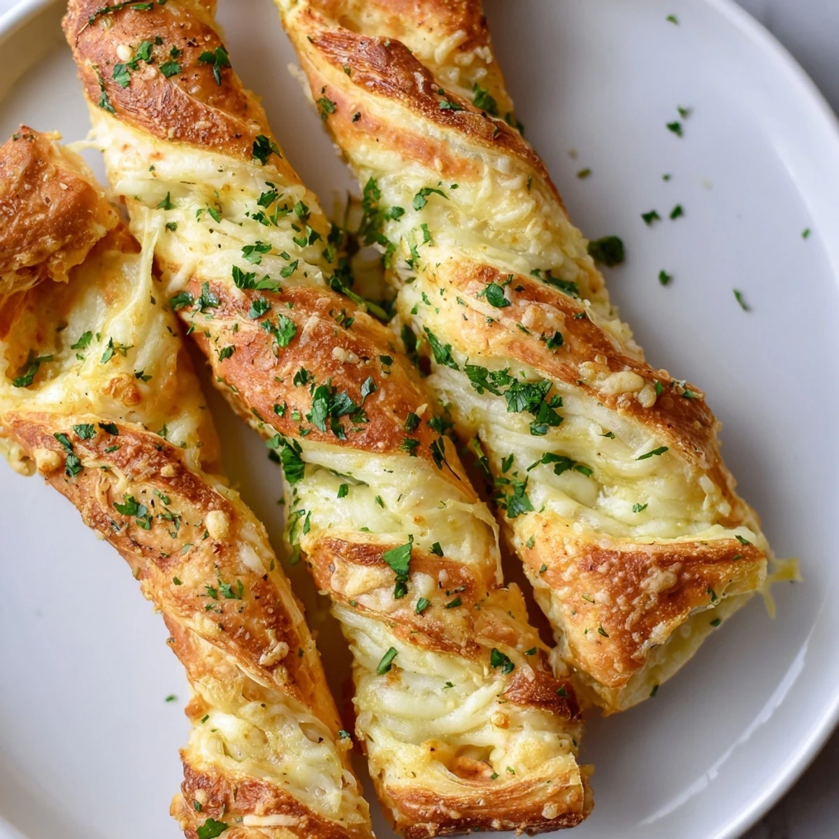 Ready-to-serve Crispy Air Fryer Pizza Cheese Bread Twists, garnished with fresh parsley and a side of red pizza sauce.